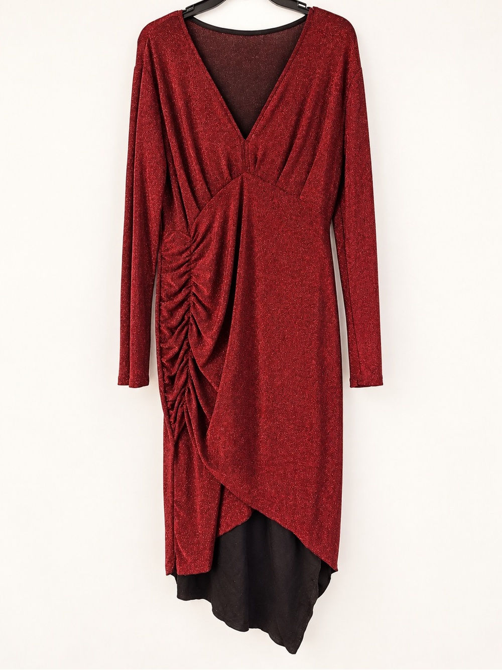Red Glitter Ruched V-Neck Long Sleeve Dress